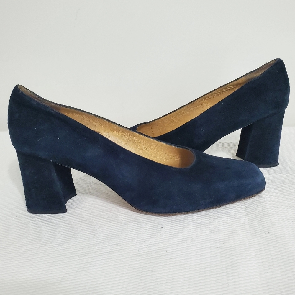 David Aaron Navy Suede Chunky Heel Pump Size 10
